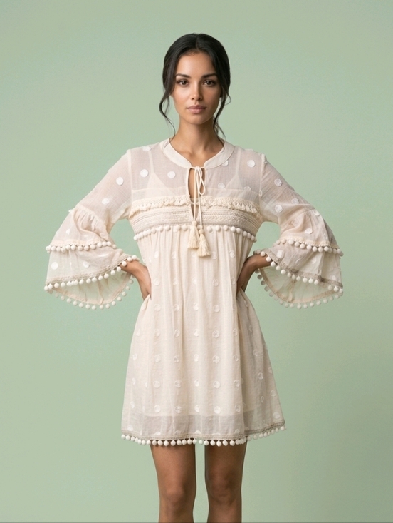 Allison New York Tops - Allison New York Boho Tunic Dress Pom Pom polka dots tassels and Trim